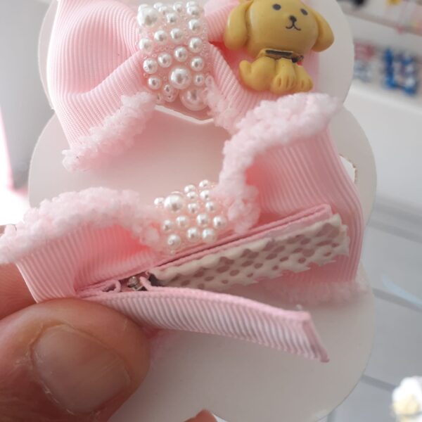 Mini Par de Laços Rosa com Aplique de Ursinho
