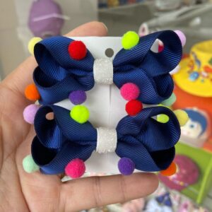 Par de Laços Azul Marinho com Detalhes de Pompom