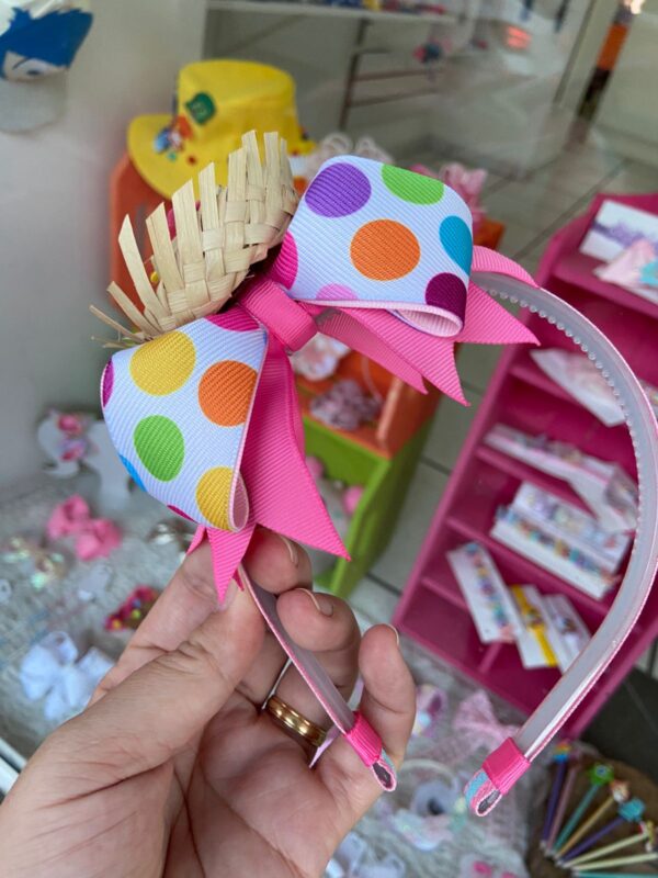 Tiara Caipira Rosa com Chapéu e Laço