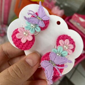 Mini Par de Laço Rosa com Borboletas