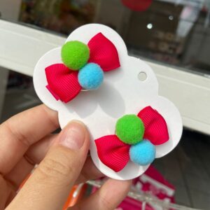 Mini Par de Laço Rosa com Pompom Colorido