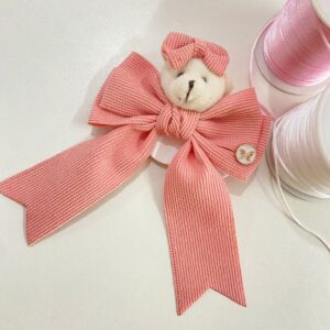 Laço Rosa com Pontas - Aplique de Urso