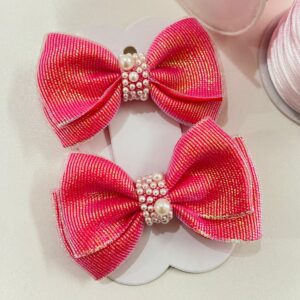 Par de Laços rosa com pérolas – Tamanho Pequeno | Presilha Bico de Pato | Acessório Infantil para Cabelo