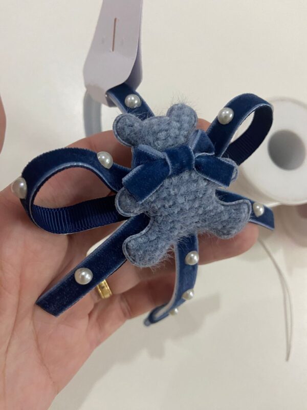 Tiara com Laço Azul Com Urso - Veludo